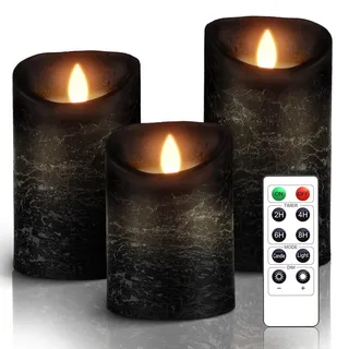 AiiBowy Led Kerzen [3er Set] Flammenlose Kerze Echtwachs Flackernde Dimmbar mit Fernbedienung Weihnachtskerzen LED Flammen 4"/5"/6” Tischdeko, Wohnzimmer, Weihnachten, Hochzeit, Party (Schwarz)