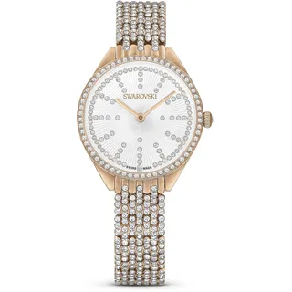 Swarovski Attract Uhr, Rosé Vergoldete Damenuhr mit Roségoldfarbenem Gehäuse, Silberfarbenem Zifferblatt, Swarovski Kristallen und Metallarmband