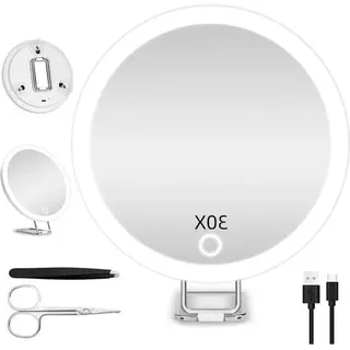 30-fach vergrößernder Kosmetikspiegel mit Beleuchtung, 3 Farbmodi und einstellbarer Helligkeit – inklusive 3 Saugnäpfen und Tischständer