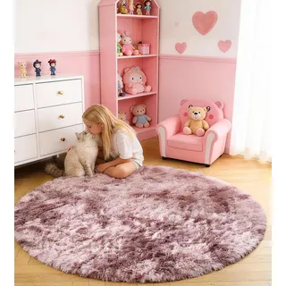 VOFUSHON Teppich Rund100 cm Batik Rosa-Lila Waschbarer Kinderzimmer Mädchen Junge Schlafzimmer Carpet Gegend Kurzflor Flauschig Rutschmatte