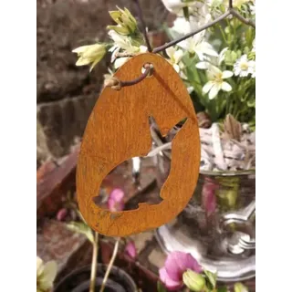 Edelrost Osterei Hase Knuddel, umschauend, zum Hängen