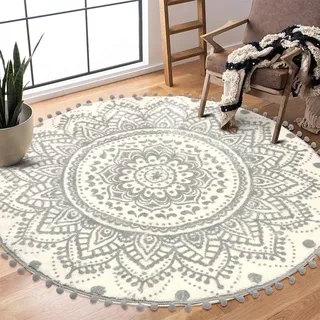 KIMODE Boho Runder Grau Teppich 120cm Mandala Schlafzimmer Weicher Großer Teppich mit Pom Pom Fransen rutschfest Waschbar Akzentüberwurf für Schlafzimmer, Sofa, Kinderzimmer