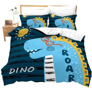 Loussiesd Kinder Betten Set 3D Print Cartoon Muster Bettwäsche Set für Jungen Mädchen Dinosaurier Süß Microfaser Weich Atmungsaktiv Bettbezug 135x200 cm + 80x80 cm Einzelbett