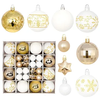Weihnachtskugeln Gold weiß,44 Stück weihnachtsdeko weihnachtskugeln Kunststoff, Christbaumschmuck mit Haken für weihnachtskugeln Set,Für weihnachtsbaumschmuck,Hochzeiten,Partydekorationen
