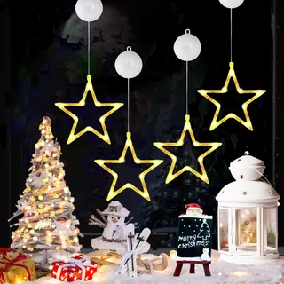 FPEAOB Weihnachtsbeleuchtung Fenster, LED Deko Sterne Fensterdeko Hängend 4 Stück Fenster Lichtervorhang Timer,Warmweiß Batteriebetrieb Saugnäpfe Lichterkette Innen für Weihnachtsdeko Party Balkon