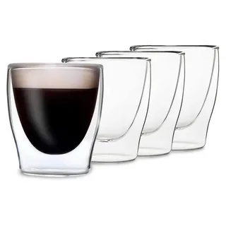 DUOS® Espressotassen Glas 4x80ml, Doppelwandige Gläser Latte Macchiato, Doppelwandige Kaffeegläser, Teegläser, Cappuccino Gläser, Eiskaffee Gläser Thermogläser doppelwandig, Latte Macchiato Gläser Set - Transparent