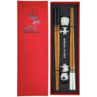 Sushi Essstäbchen Set Panda 2 Paar inklusive Keramik-Unterleger Premium Holz Nachhaltig Japanisch Chinesisch Koreanisch Taiwanesisch