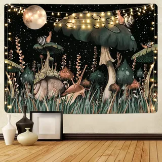 Yugarlibi Pilz Wandteppich Schwarz Wald Schnecke Wandbehang Mond Sterne Pflanzen Wandtuch Wandkunst Tapisserie für Schlafzimmer Wohnzimmer 235x180cm