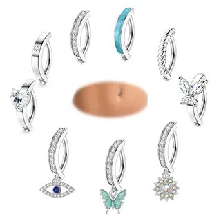 Finrezio 9 Stück 14G Clicker Bauchnabelpiercing Ring Chirurgenstahl für Damen Click Navel Gebogener Bauchnabelpiercing CZ Schmetterling Bauchring Piercing Schmuck