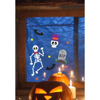 FIESTAS GUIRCA | Skelett Gel Dekoration (20x25 cm) - Wand-, Tür- und Fensterdeko - Ideal für Halloween und Gruselfeste - Skelett Dekoration für Feiern - Mehrfarbig
