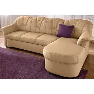 Ecksofa DOMO COLLECTION "FLORES Schlafsofa, 233x142x86 cm, L-Form", beige (sand), B:231cm H:84cm T:142cm, Kunstleder SOFTLUX / Struktur ( 90% Polyester, 10% Polyacryl );NaturLEDER (echtes Rindsleder) in Sitz und Rücken. Korpus in passendem Kunstleder SOFTLUX bezogen;Microfaser PRIMABELLE (100% Polyester) / Struktur ( 100% Polyester ), Sofas, Ecksofa, wahlweise mit Bettfunktion, wahlweise mit Federkern, auch in Leder