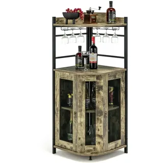 FANTASK Weinschrank Eckschrank, Barschrank Industrial mit Glashalter, Küche Hausbar aus Metallrahmen für Küche, Wohnzimmer, Esszimmer, 46 x 46 x 130 cm (Hellbraun)