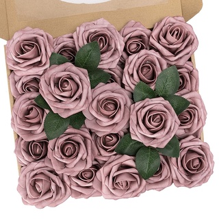 N&T NIETING Künstliche Blumen Rosen, 25 Stück Fake Rosen mit Stielen für Valentinstag, Brautparty-Mittelstücke, Partytische, Blumensträuße Braut Zuhause Dekoration, Staubiges Rosa Lila