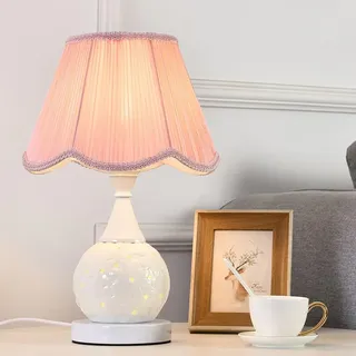 Mengjay Tischlampe Retro Keramik,E27 Tischleuchte Deko Wohnzimmer,Vintage Nachttischlampe mit Stoff Lampenschirm,Schreibtischlampe Schlafzimmer Kinderzimmer Büro Deko (Rosa)