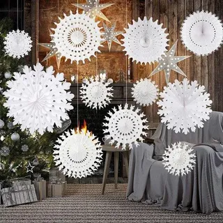 Set aus 16 Papier-Schneeflocken für Winterdekoration und festliche Atmosphäre - Weiß