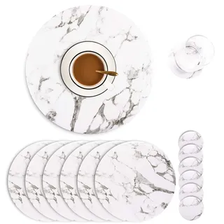 Jovono Set von 6 Marmor-Tischsets und Untersetzern, Kunstleder, wasserdicht, leicht abwischbar, für Küche, Esstisch, runder Tisch