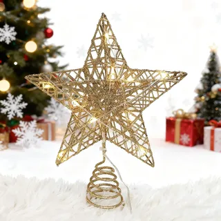 YushengTai Weihnachtsbaumspitze,Christbaumspitze Stern 20cm mit LED Beleuchtung - Glitzer Christbaumspitze in Gold für Tannenbaum - Beleuchteter Stern Topper- Festliche Weihnachtsdekoration