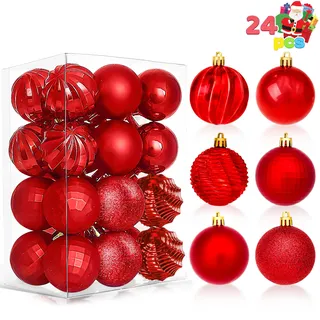 JOIEDOMI 24-teiliges Set mit roten Weihnachtskugeln, 6 cm großer Christbaumschmuck, bruchsicher, Weihnachtskugeln zum Aufhängen, Dekoration für Weihnachtsbaum, Kranz, Girlande, Feiertage, Hochzeiten