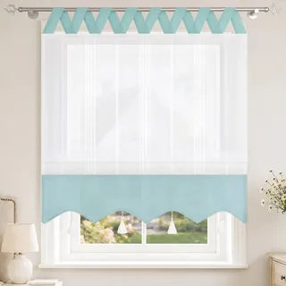 Joyswahl Leinenoptick Raffrollo mit V Schlaufen Catrin 120x140cm Blau-grün | Raffgardine, Längsstreifen, Farblich abgesetzte Blende, 1 Stück, Schlaufenrollo, Fensterrollo innen, Landhausstil