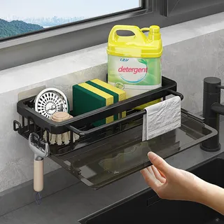 FOXWHALE Spülbecken Organizer mit Abflusspfanne,Haken Waschbecken Organizer Wand Hängend Ohne Bohren Selbstklebend Badezimmer Spüle Organizer für Küchenzubehör Schwamm/Bürste/Spülseife (Schwarz)