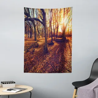 ABAKUHAUS Landschaft Wandteppich, Sonnenuntergang Wald Bäume aus Weiches Mikrofaser Stoff Waschbar ohne Verblassen Digitaldruck, 110 x 150 cm,Braun Gelb