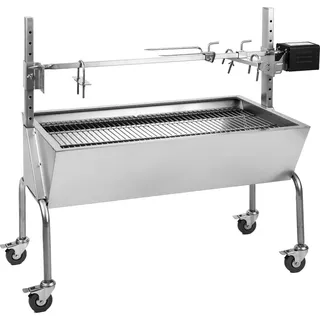 OneConcept 2-in-1 Rotisserie Grill mit Motor, Grill mit Drehspieß, Großer Spießgrill für Hähnchen & Spanferkel, Grill mit Motor, Spieß Grill mit Edelstahl-Rost, Großer Holzkohlegrill mit Bodenrollen - Silber