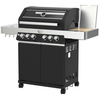 Rösle Gasgrill , Schwarz , Metall , 57x118x138 cm , Deckel mit Sichtfenster, Seitenablage, Temperaturanzeige, herausnehmbare Fettauffangbox, mit Rädern, mit 2 gebremsten Rädern, Sideburner, Warmhalterost, Infrarot-Backburner, Besteckhalter, mit Druckregler, stufenlos regulierbar , Grills, Gasgriller
