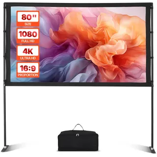 Vevor Projektionsleinwand (80 Zoll) mit 160° Weitwinkel & Ständer, Beamerleinwand für Projektor innen & außen 16:9 4K HD, tragbare Filmleinwand mit Tragetasche für Heimkino Büro Präsentation