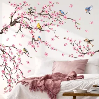 Fufuquare Vinyl Wandtattoo mit Rosa Kirschblütenbäumen Wandaufkleber mit Vögeln Abziehbar und Sofort klebbar Geeignet für Schlafzimmer Wohnzimmer und Badezimmer