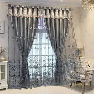 Amidoudou 1 Paar europäische, doppellagige Vorhänge für Wohnzimmer Schlafzimmer Luxus Blumen bestickte Vorhänge mit Volant (grau, 140 x 245 cm)