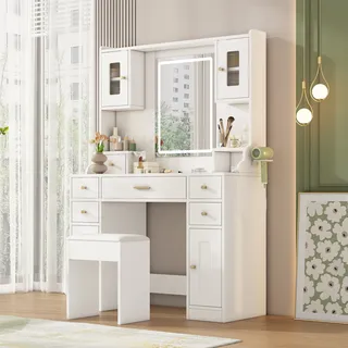 Flieks Schminktisch mit Hocker, Spiegel mit LED, Schminkkommode mit Ladefunktion & Halterung, Frisiertisch mit Schubladen & Türen, Frisierkommode Weiß - Weiß