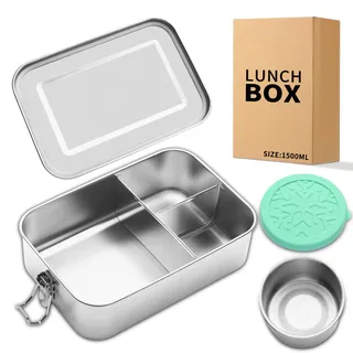 Awaiymi Edelstahl Bento Lunch Box 1500ML,3 Fächer Metall Bento Lunch Boxen mit 100ml auslaufsicheren Gewürzbehälter,Metall Lebensmittel Lagerung für Arbeit Erwachsene