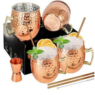 Moscow Mule Kupferbecher-Set mit 4 Premium Moscow Mule Becher 54cl/540ml 4 Stück Becher aus verkupfertem Edelstahl Großartig für Cocktail Gekühlte Getränk mit 1/0.5oz Double Jigger Löffel Strohhalme