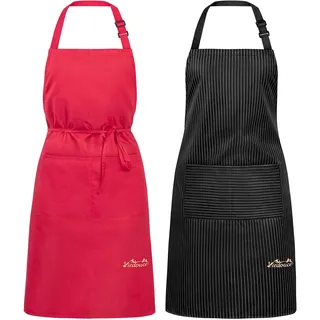 Viedouce 2 Pack Schürze,Wasserdicht Kochschürze mit Taschen,Verstellbarem Küchenschürze Grillschürze latzschürze Küchenschürze für Frauen Männer Chef-Belastbar & Einfach zu Reinigen,Schwarz & Rot