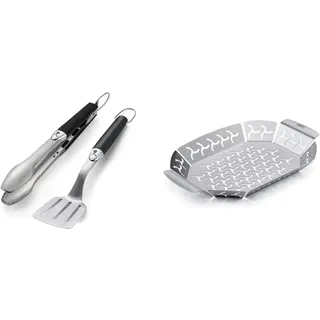 Weber 6645 Grillbesteck Kompakt 2-teilig, Zange und Wender, Edelstahl, schwarz & 6677 Premium Grillkorb 19x27 cm, Gemüsekorb