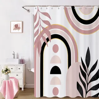 GCIREC Duschvorhang, 180x200cm, Rosa Weiß Gelb Century Modern Abstrakt Art Boho Geometrisch Wasserdichter Stoff Maschinenwaschbarer Badezimmervorhang mit Haken