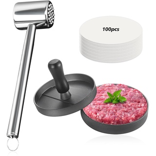 zhongko Burgerpresse und Fleischklopfer Edelstahl mit 100 Blatt Backpapier Aluguss Hamburgerpresse Fleischhammer Burger Presse Meat Tenderizer für Steak, Schnitzel, Rindfleisch, Huhn, Schwein