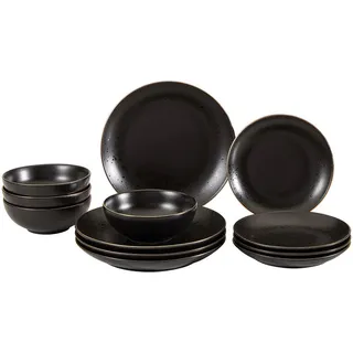 CreaTable CreaTable, Tafelservice Industrial Gold BLACK, 12-teiliges Geschirrset, Teller Set aus Steinzeug, spülmaschinen- und mikrowellengeeignet, Qualitätsproduktion