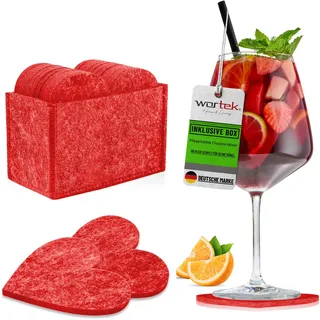 wortek Filz Untersetzer Gläser Rot in Herzform – 10er Set mit Aufbewahrungsbox, Glasuntersetzer für Getränke, Tassen, Bar, Glas - Ø 10cm Tischuntersetzer Filzuntersetzer Gläser Geschenk für Sie