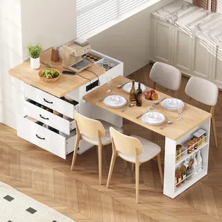 STILVORA Kücheninsel mit Rollen und ausziehbarem Esstisch, Küchentisch mit LED-Beleuchtung und Steckdosenleisten, Sideboard und Bartisch für Küche und Esszimmer, Weiß - Weiß