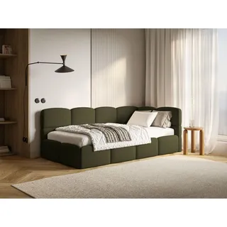 Selsey Jugendbett 90x200 cm Rechts Polsterbett mit Stauraum Gepolstertes Kopfteil Stabiler Rahmen aus Kiefer und Fichte Hochwertiger Bezug in Olivgrün Für Kinderzimmer