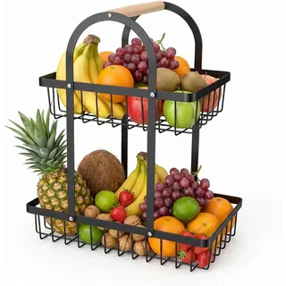Dexpally Obst Etagere 2 Stöckig mit Holzgriff, Abnehmbar Obstkorb Etagere, Obst Aufbewahrung aus Metall für Obst, Gemüse & Snacks | Stabile Aufbewahrung für Küche, Büro und Zuhause (Schwarz)