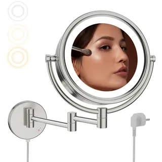 Nicesail Schminkspiegel mit Beleuchtung Wand Gebürstetes Nickel Kosmetikspiegel Ausziehbar mit Vergrößerung 10x 360° Swivel Doppelseitiger Spiegel,Durchmesser 20cm