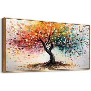 MHARTK66 Bunter Lebensbaum Bilder Mit Rahmen Holz, Natur Abstrakt Roter Landschaft Leinwand Bild, 60x120 cm XXL Wandbilder Wohnzimmer, Modern Wanddeko Kunstdruck Schlafzimmer Esszimmer Büro Küche
