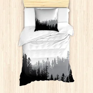 ABAKUHAUS Wald Bettbezug Set, Nord-Timberland-Wachstums-panoramische Natur-Eco-Landschaftszusammenfassungs-Spruces, 135 x 200 cm + 80 x 80 cm, Schwarz Weiß Grau