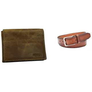 Fossil Herren Derrick Braunes Leder Portemonnaie und Griffin Gürtel, Set