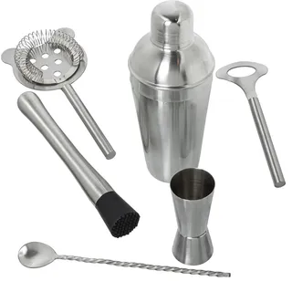 DRW Set mit 6 Cocktail-Utensilien aus mattem Edelstahl, Löffel 28 cm, Shaker 550 ml