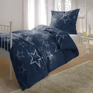 G BETTWARENSHOP Moderne, kuschelig weiche Biber Bettwäsche Sterne blau aus 100% Baumwolle - Made in Germany 135x200 cm + 80x80 cm