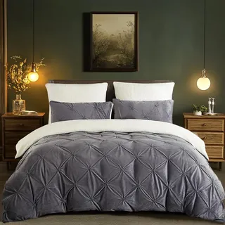 Winter Bettwäsche 200x220cm Flanell Fleece Grau Weiß Wendebettwäsche Set Flauschig Plüsch Sherpa Cashmere Touch Pintuck Bettbezug und 2 Kissenbezug 80x80 mit Reißverschluss,Oeko-Tex Zertifiziert