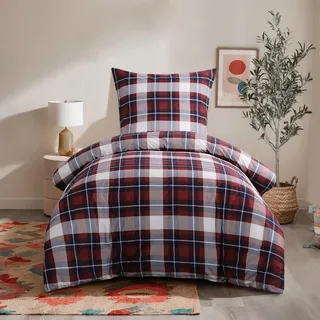 RUIKASI Bettwäsche 155x220 2 teilig Rot - Bettbezug 155 x 220 Set mit Tartan Muster, Bettwäsche-Sets 155x220cm aus Mikrofaser mit Reißverschluss Weich und Bügelfrei